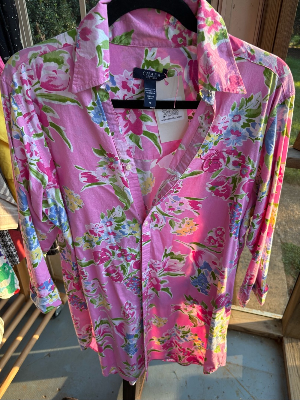 Chaps Pink Floral Cotton Monogram Button Down Shirt Dress Tunic S